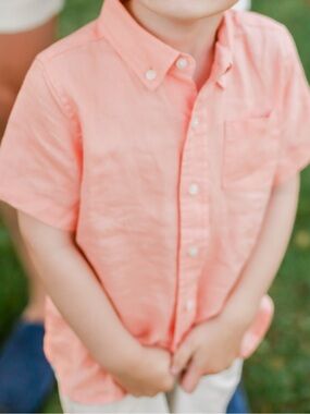 Janie and Jack Peach Linen Button-Down Short Sleeve Shirt